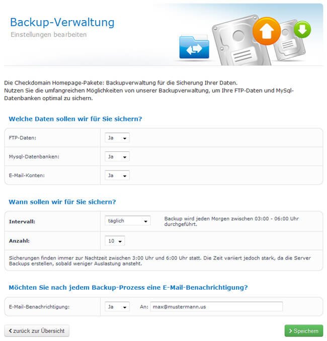 Backupverwaltung des Webhostingpakets