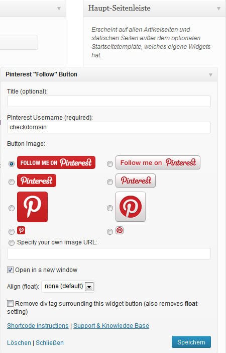 Einstellungen des Pinterest "Follow" Button Plugins