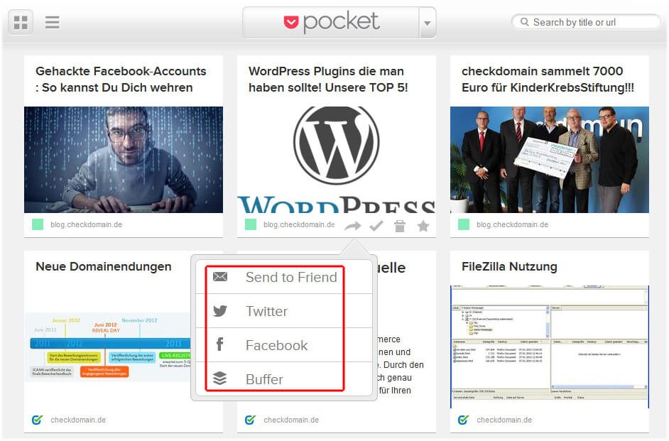 Pocket Web-Ansicht: Social Media Optionen
