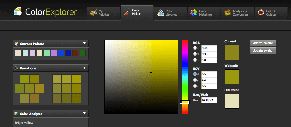 Mit dem Color Picker lassen sich Variationen einer ausgewählten Farbe erstellen.