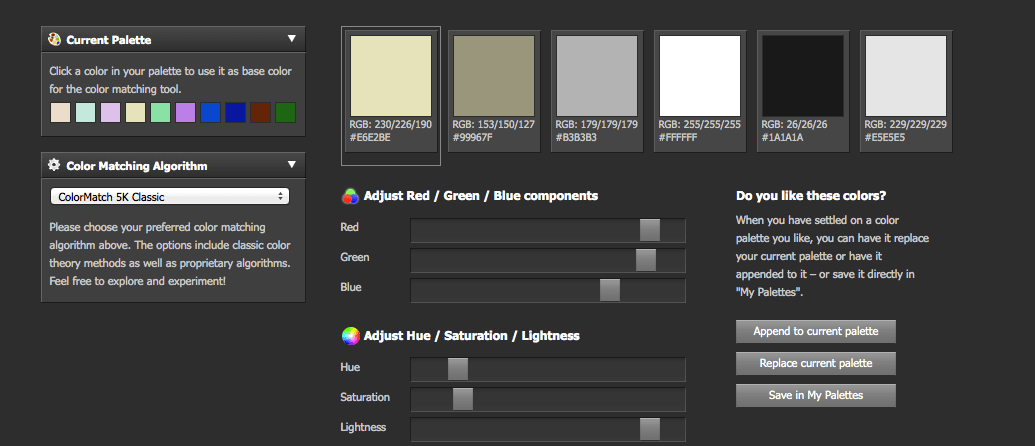 Die Funktion Color Matching liefert passende Farbtöne zu einer ausgewählten Farbe - zusätzliches Feintuning ist möglich.