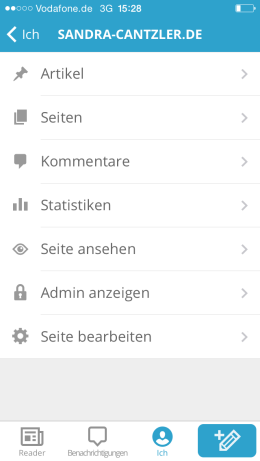 Auf das Wesentliche reduziert: Das Dashboard in der WordPress-App für iOS. Screenshot: S. Cantzler