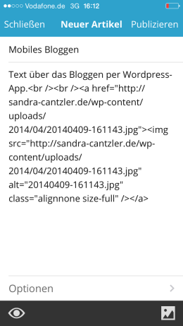 Nur mit HTML-Kenntnissen zu entschlüsseln: Bild einfügen in der mobilen Variante. Screenshot: S. Cantzler