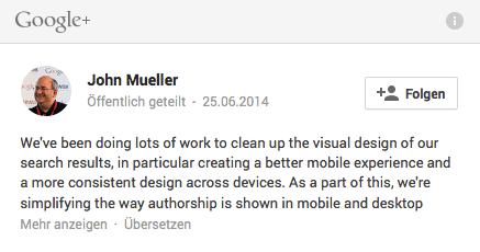 Das Ende der Autorenbilder: Google begründet es vor allem mit einer Verbesserung für die mobile Nutzung. Screenshot: S. Cantzler