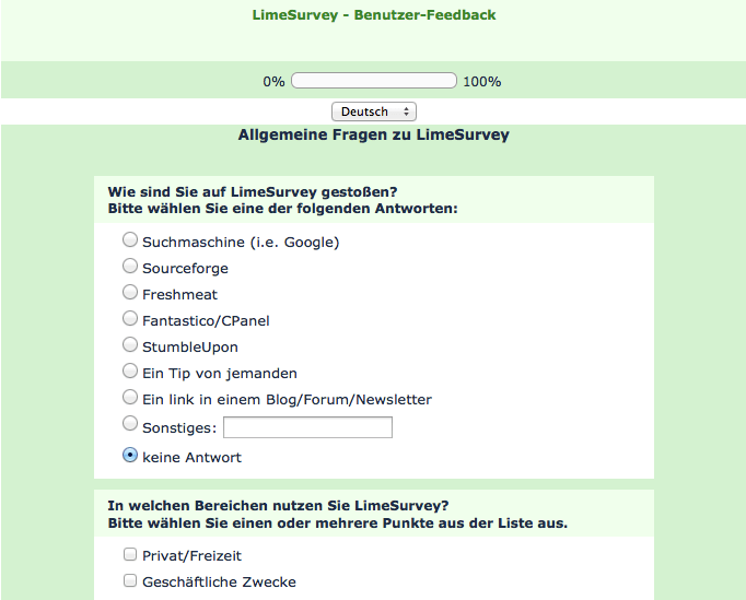 Das Open-Source Umfrage-Tool Lime Survey zählt zu den beliebtesten kostenlosen Anwendungen für die Erstellung von Online-Umfragen. Screenshot: S. Cantzler