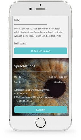Homepage Baukasten, Vorlage für Augenarzt Homepage, iPhone Ansicht