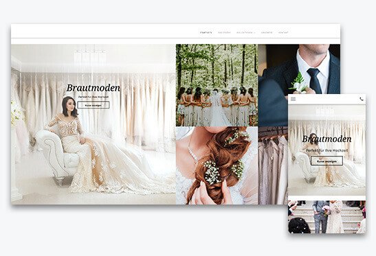 Homepage Baukasten, Vorlage für Brautmodengeschäft, verschiedene Bildschirmgrößen