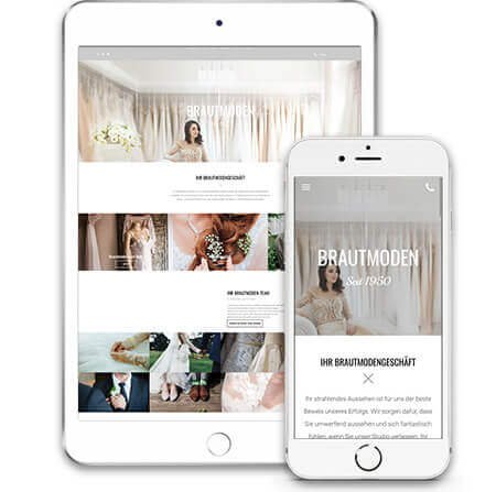 Homepage Baukasten, Vorlage für Brautmodengeschäft Homepage, iPad und iPhone Ansicht