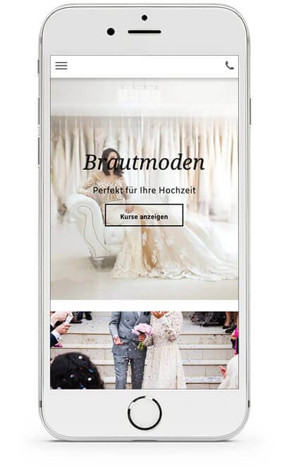 Homepage-Baukasten, Brautmodengeschäft Homepage, iPhone Ansicht einer Brautmoden-Homepage