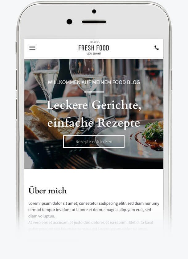 Website Builder, template for a Food Blog on iPhone