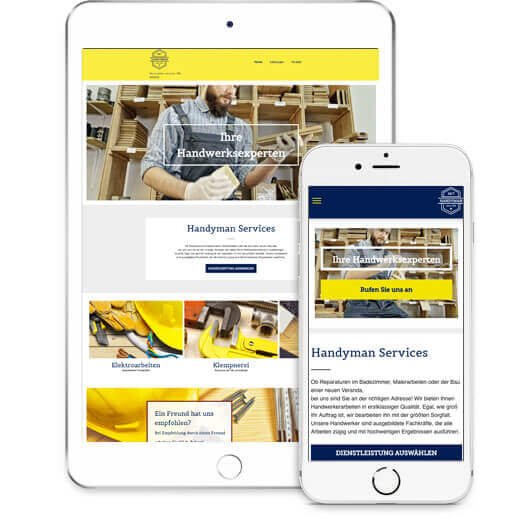 Homepage-Baukasten, Vorlage für Handwerker Website, iPad und iPhone-Ansicht