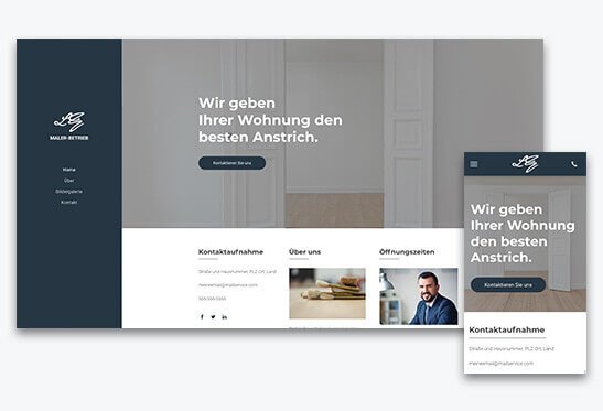 Homepage Baukasten, Vorlage für Maler-Homepage, mobile und Desktop-Ansicht