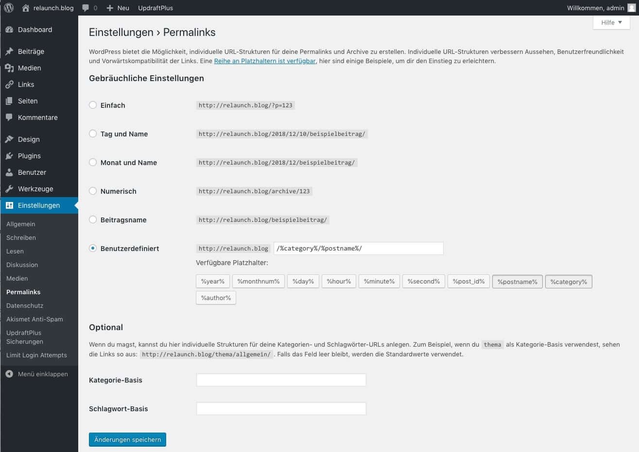 Settings for the link structure in WordPress