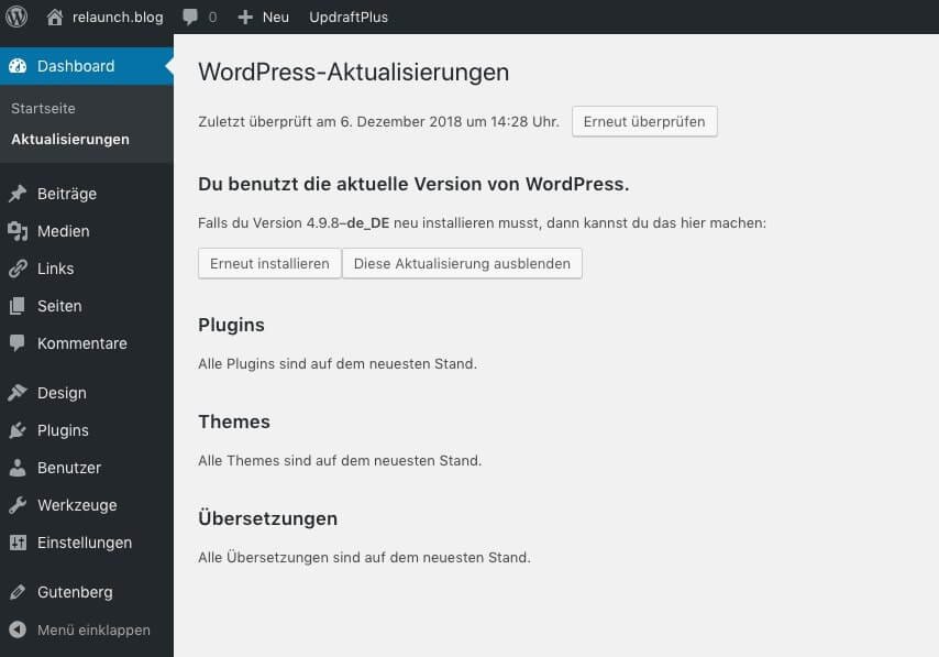 The update page in the WordPress Dashboard
