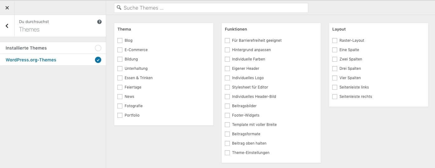 Filter options for theme selection