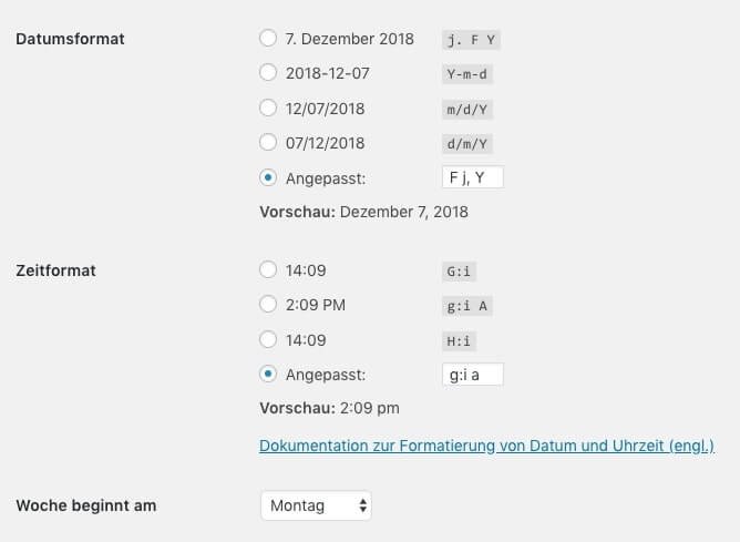 Time and date formats in the WordPress settings