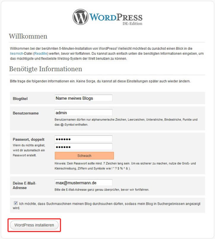 Wordpress, Set up access data