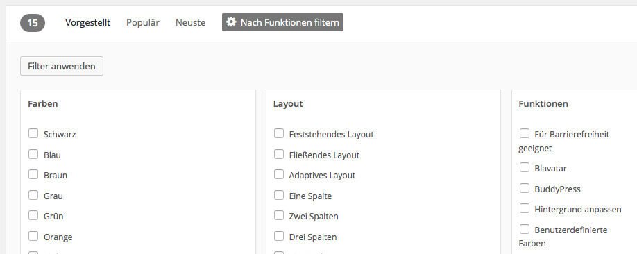 Filter function for themes Source: Screenshot WordPress Backend