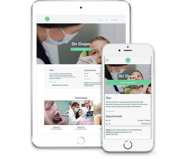 Homepage Baukasten, Zahnarzt Homepage, iPad & iPhone Ansicht