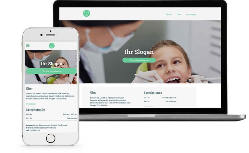 Homepage Baukasten, Vorlage für Zahnarzt Homepage, verschiedene Bildschirmgrößen